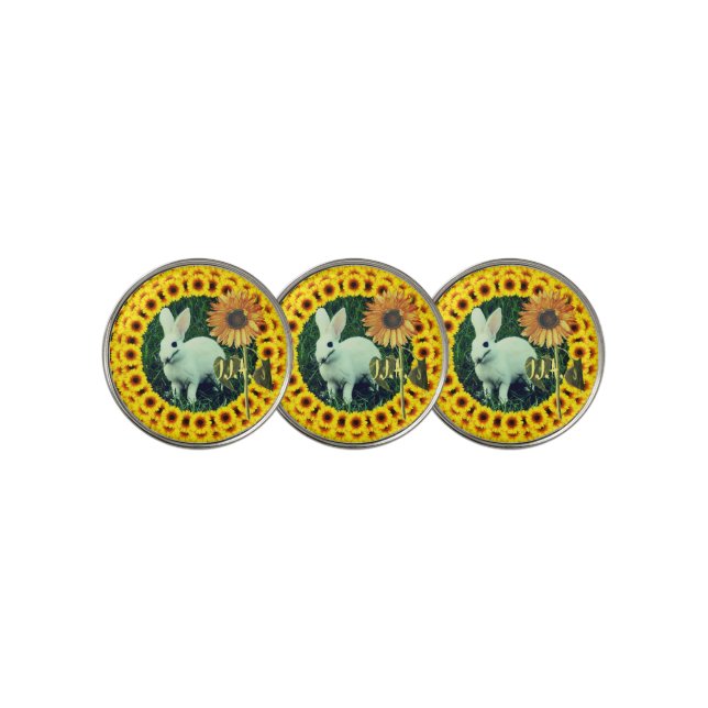 Sporty Sunshine Rabbit Sunflowers Golf Ball Marker (3 Up)