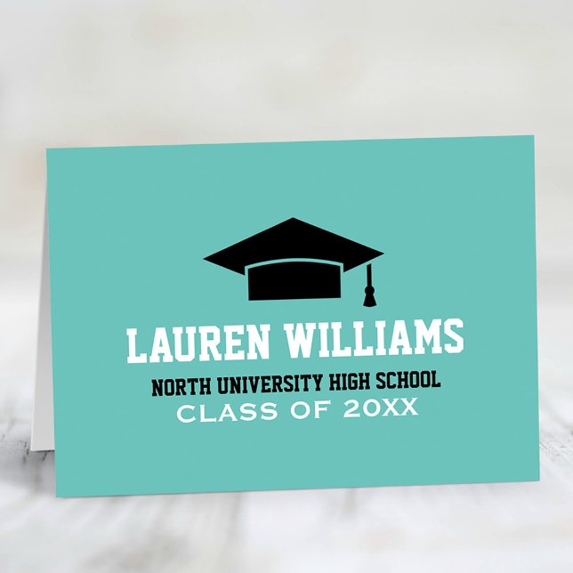Sporty Teal Graduation Cap School Name Thank You Card (Creator Uploaded)
