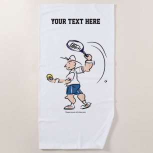 Sporty tennis player cartoon serving for the match beach towel