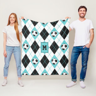 sporty turquoise black white soccer argyle pattern fleece blanket
