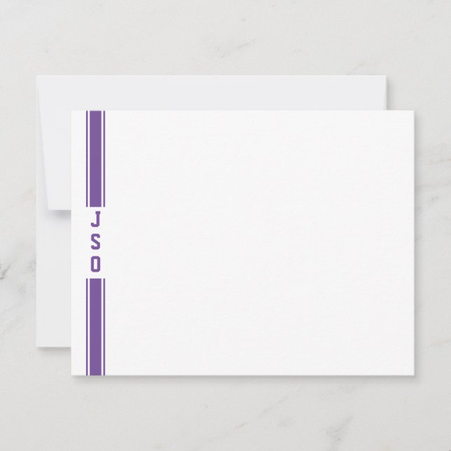 Sporty Vertical Stripes Monogram Purple White Mens Note Card (Front)