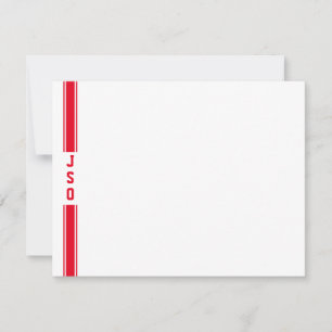 Sporty Vertical Stripes Monogram Red White Men's Note Card