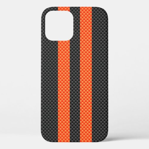 Sporty Vibrant Orange Stripes Carbon Fiber Style iPhone 12 Case