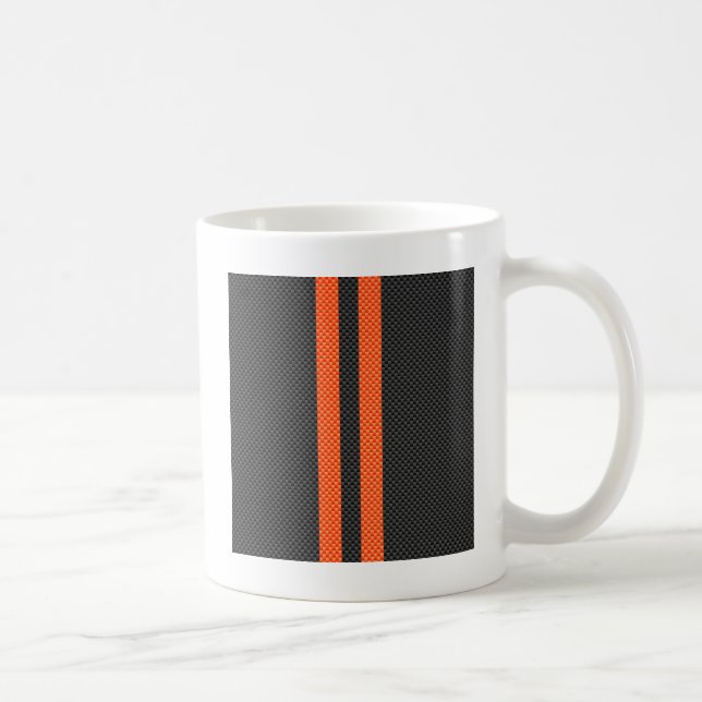 Sporty Vibrant Orange Stripes Carbon Fiber Style Coffee Mug (Right)