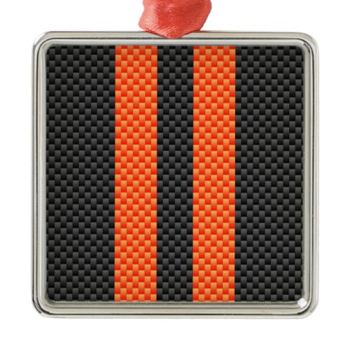 Sporty Vibrant Orange Stripes Carbon Fiber Style Metal Ornament