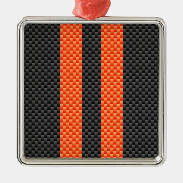 Sporty Vibrant Orange Stripes Carbon Fiber Style Metal Ornament (Front)