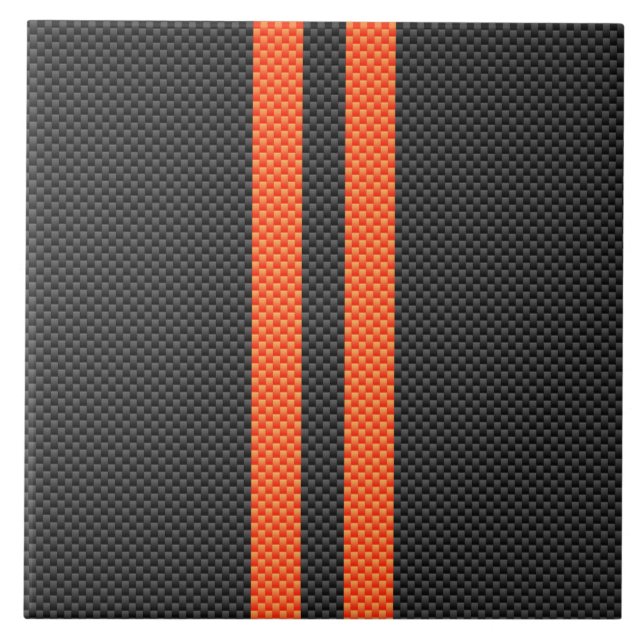 Sporty Vibrant Orange Stripes Carbon Fiber Style Tile (Front)