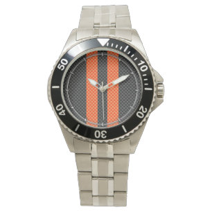 Sporty Vibrant Orange Stripes Carbon Fiber Style Watch