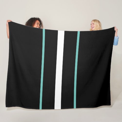 Sporty White Light Teal Racing Stripes On Black Fleece Blanket