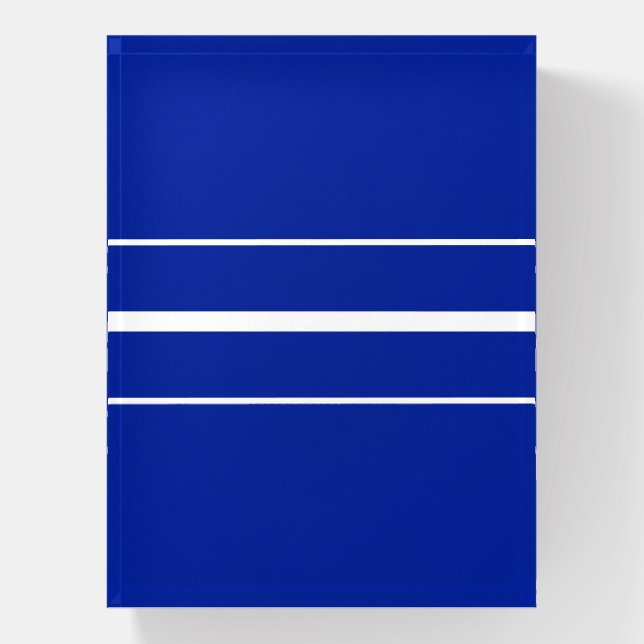 Sporty White Racing Stripes On Deep Royal Blue Paperweight (Vertical)