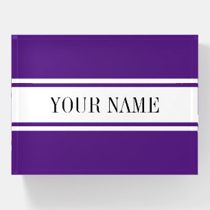Sporty White Racing Stripes On Royal Purple Text Paperweight