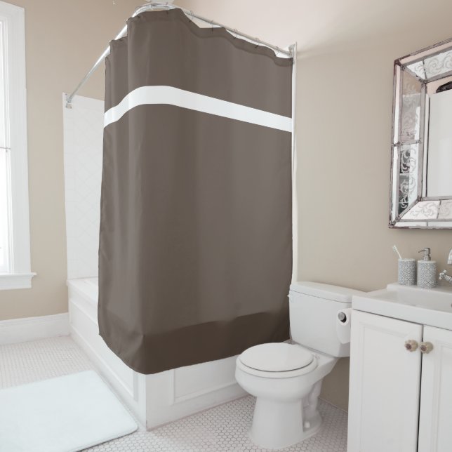 Sporty White Top Accent Stripe On Medium Brown Shower Curtain (In Situ)