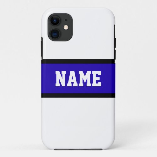 Sporty White Vivid Blue Athletic Stripes Bold Text iPhone 11 Case