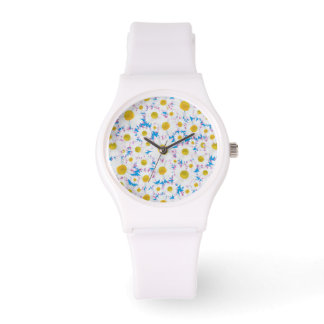 Sporty White Wristwatch: Ditzy White Daisies: Blue Watch