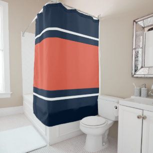 Sporty Wide 70s Orange White Navy Racing Stripes Shower Curtain