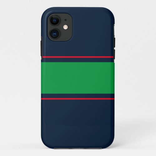 Sporty Wide Green Red Racing Stripes On Navy iPhone 11 Case