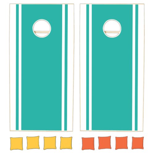 Sporty Wide Light Teal Racing Stripes On White Cornhole Set