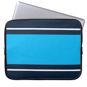 Sporty Wide Sky Blue White Racing Stripes On Navy Laptop Sleeve