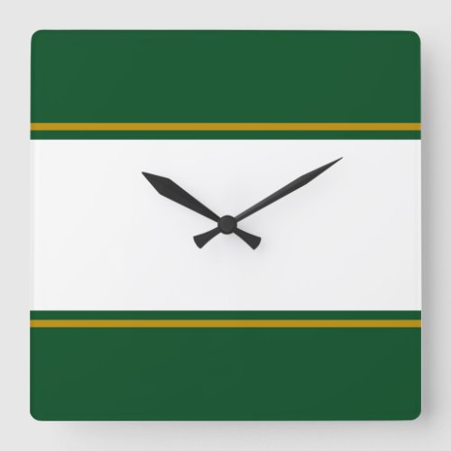 Sporty Wide White Dark Green Brown Racing Stripes Square Wall Clock