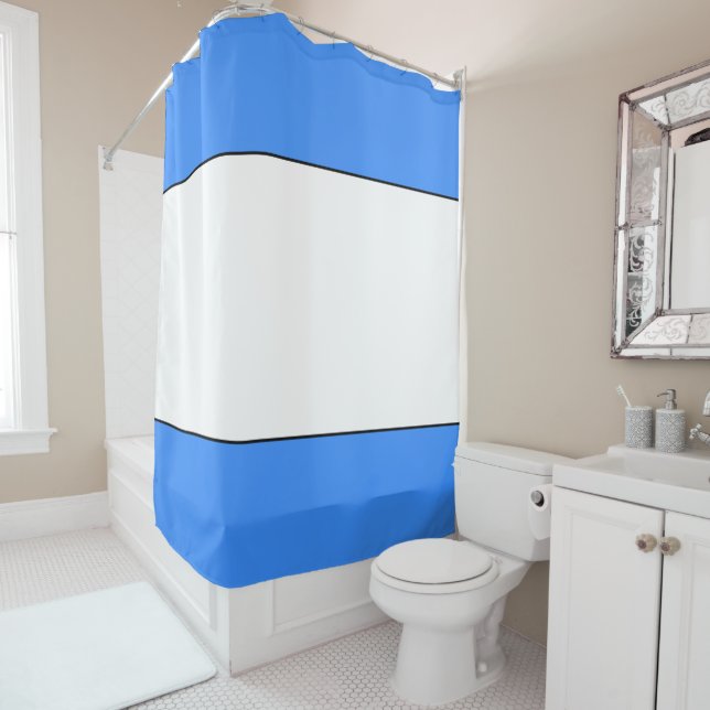 Sporty Wide White Nautical Blue Summer Stripes Shower Curtain (In Situ)