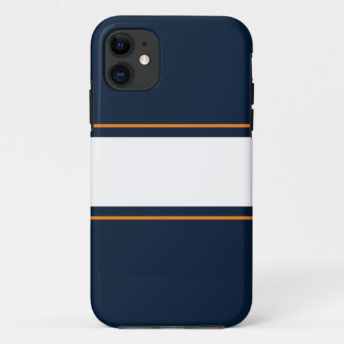Sporty Wide White Orange Racing Stripes On Navy iPhone 11 Case