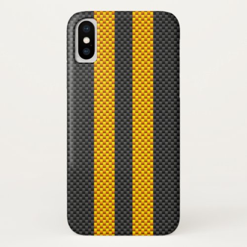 Sporty Yellow Racing Stripes Carbon Fiber Style iPhone XS Case