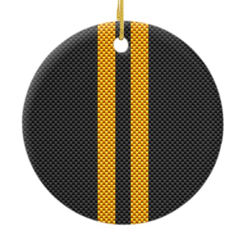 Sporty Yellow Racing Stripes Carbon Fiber Style Ceramic Ornament