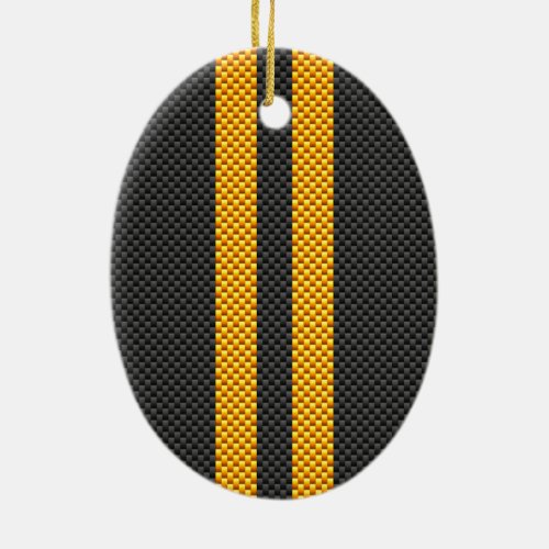 Sporty Yellow Racing Stripes Carbon Fiber Style Ceramic Ornament