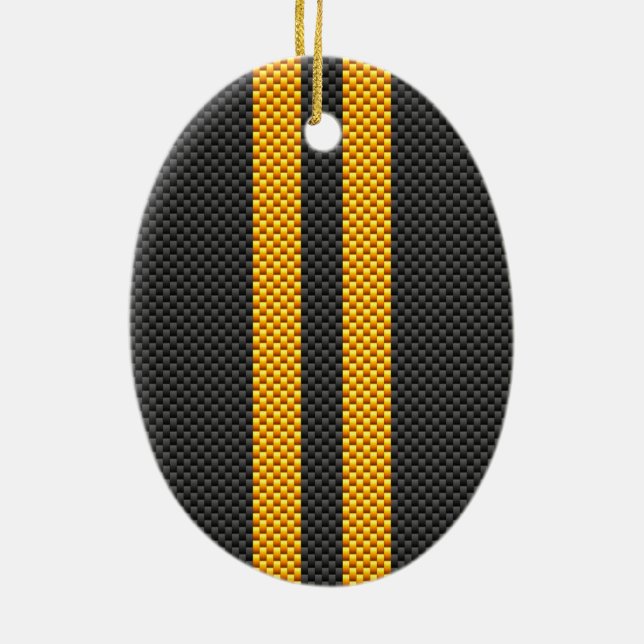 Sporty Yellow Racing Stripes Carbon Fiber Style Ceramic Ornament (Back)