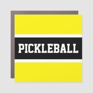 Sporty Yellow White Black Stripes PICKLEBALL Text Car Magnet