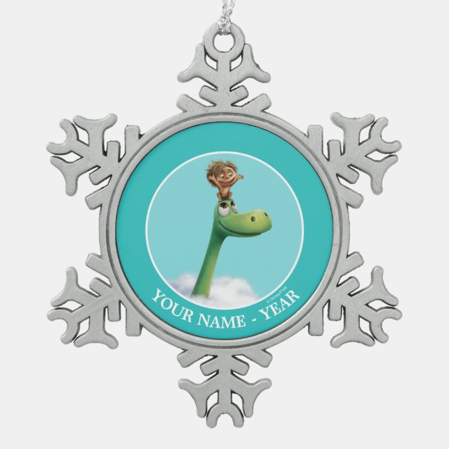 Spot And Arlo Head In Clouds Snowflake Pewter Christmas Ornament (Front)