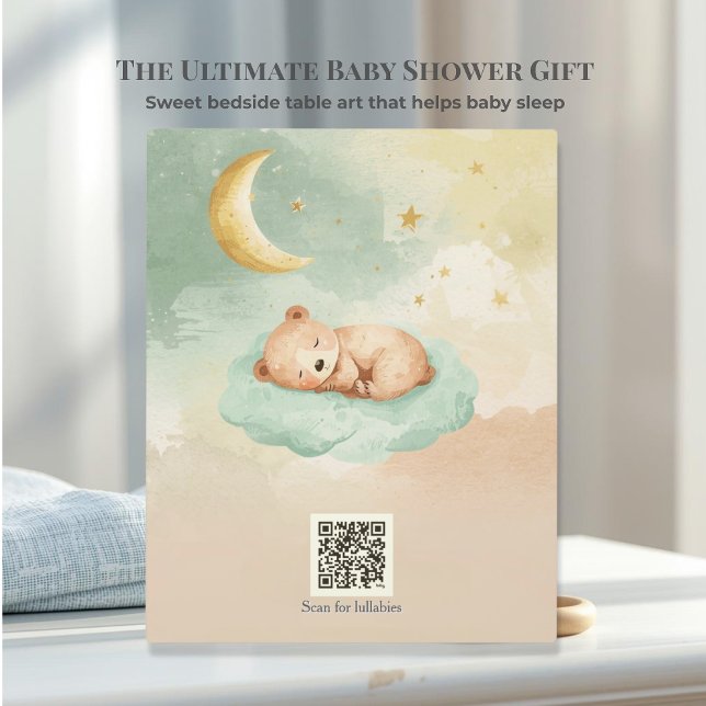 Spotify Lullaby QR Sleeping Bear on Clouds Nursery Plaque (Sleek acrylic sleeping bear nursery art. Features a scannable QR code to instantly play lullabies.)