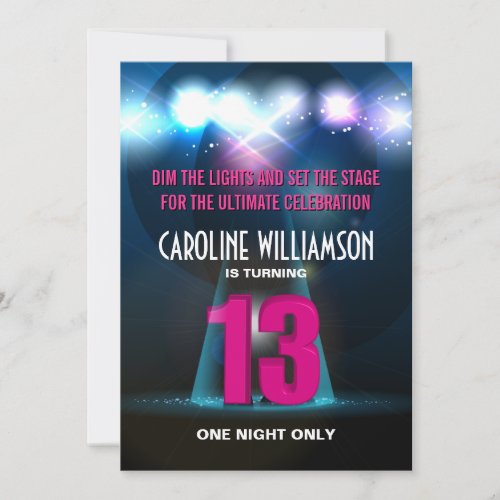 Spotlight Star Pink 13th Birthday Custom Invitations