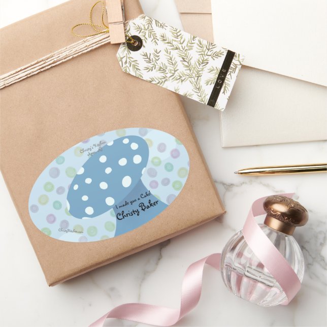Spots and Dots Blue Mushroom Bakery Oval Sticker (Gifting)