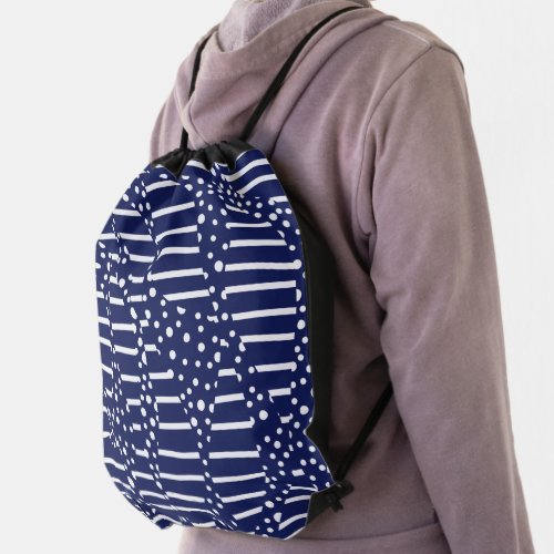 Spots and Stripes 2 _ Blue and White Drawstring Bag