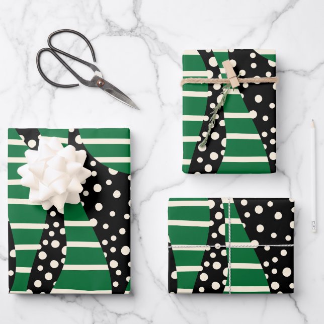 Spots and Stripes 2 - Green, Cream and Black Wrapping Paper Sheets (Front)