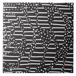 Spots and Stripes 2 in White on Black Ceramic Tile