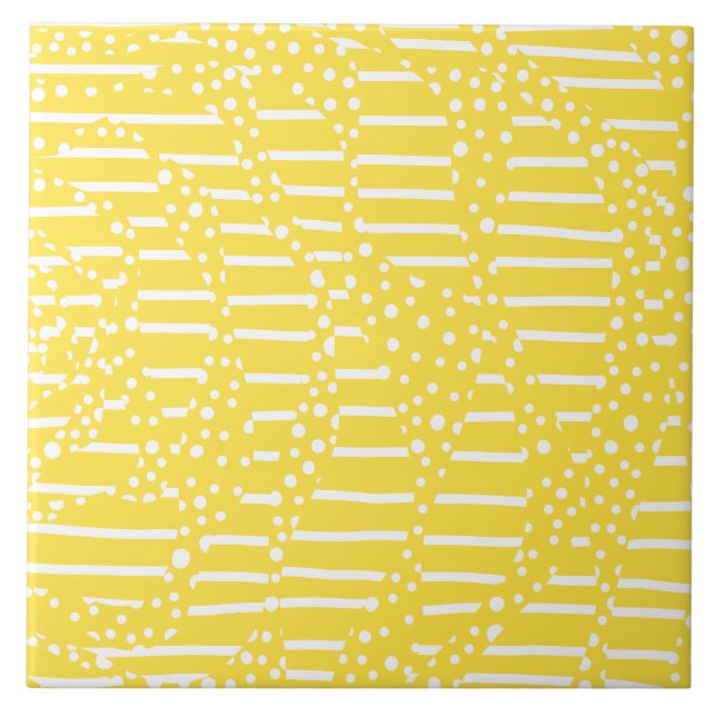 Spots and Stripes 2 - Lemon Yellow and White Ceramic Tile (Front)