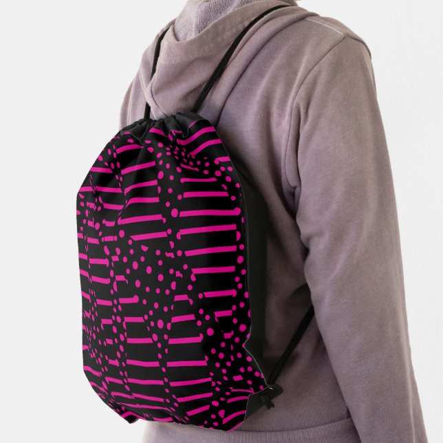 Spots and Stripes 2 - Magenta and Black Drawstring Bag (Insitu)