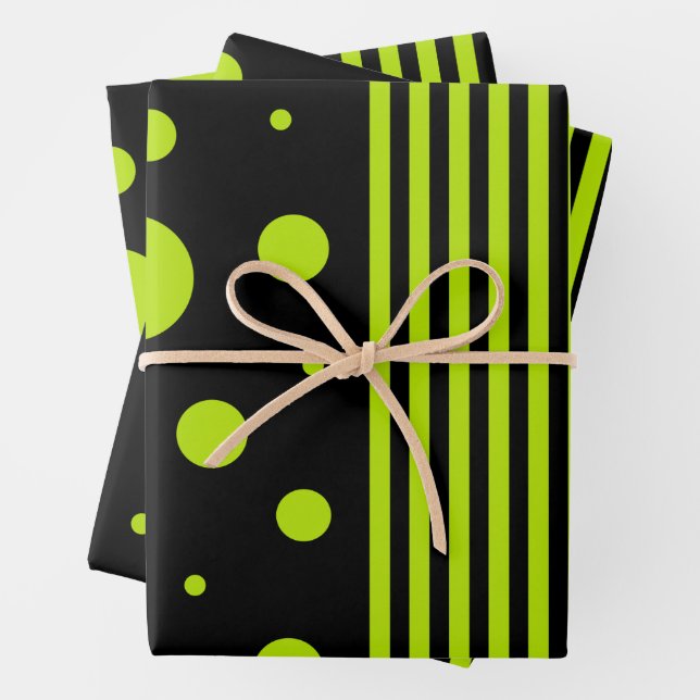 Spots and Stripes - Lime Green Wrapping Paper Sheets (In situ)
