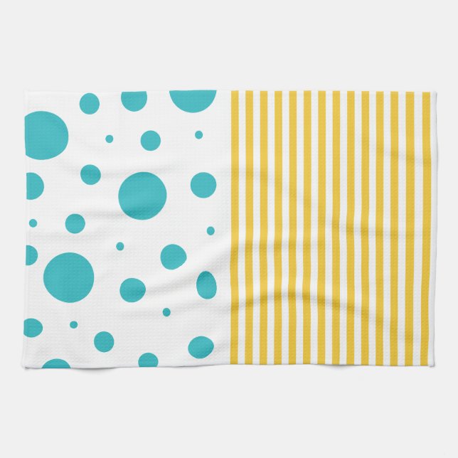Spots and Stripes - Turquoise and Yellow Kitchen Towel (Horizontal)