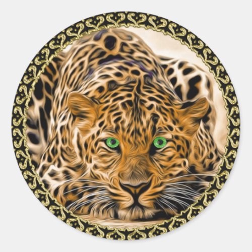 Spotted Bright green eye leopard looking at you Classic Round Sticker