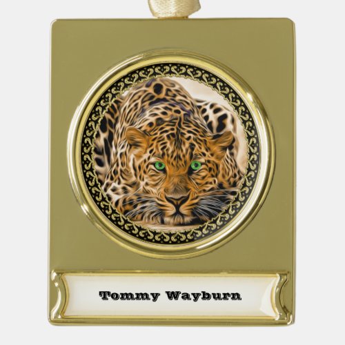 Spotted Bright green eye leopard looking at you Gold Plated Banner Ornament