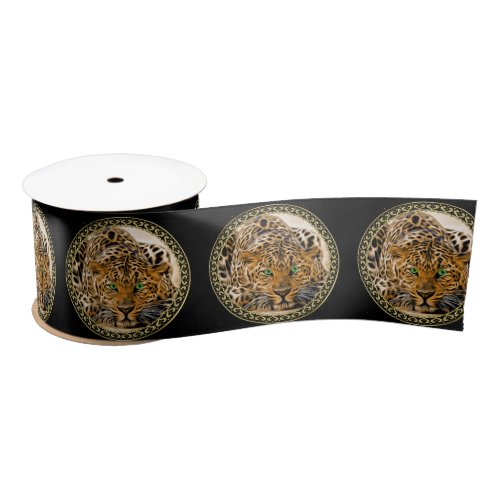 Spotted Bright green eye leopard looking at you Satin Ribbon