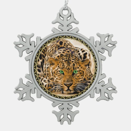 Spotted Bright green eye leopard looking at you Snowflake Pewter Christmas Ornament