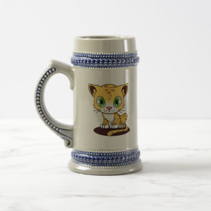 SPOTTED BROWN GREEN-EYED KITTEN ON A MAROON MAT BEER STEIN
