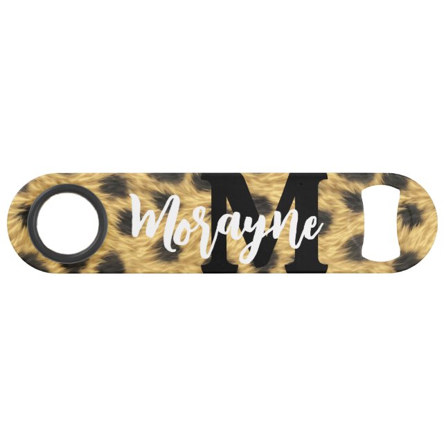 Spotted Cat Animal Print Black White Monogram Name Bar Key (Back Horizontal)
