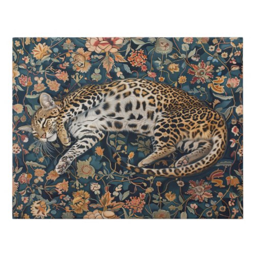 Spotted Cat Sleeping on a Floral Rug Faux Canvas Print