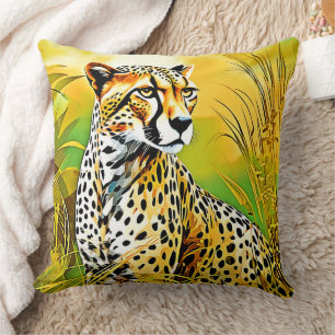 Spotted Cheetah Grass Scene Throw Pillow