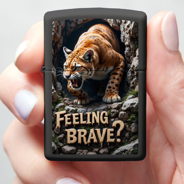🐆 Spotted Cougar Emerging Dark Rocky Cave Zippo Lighter (In Hand)